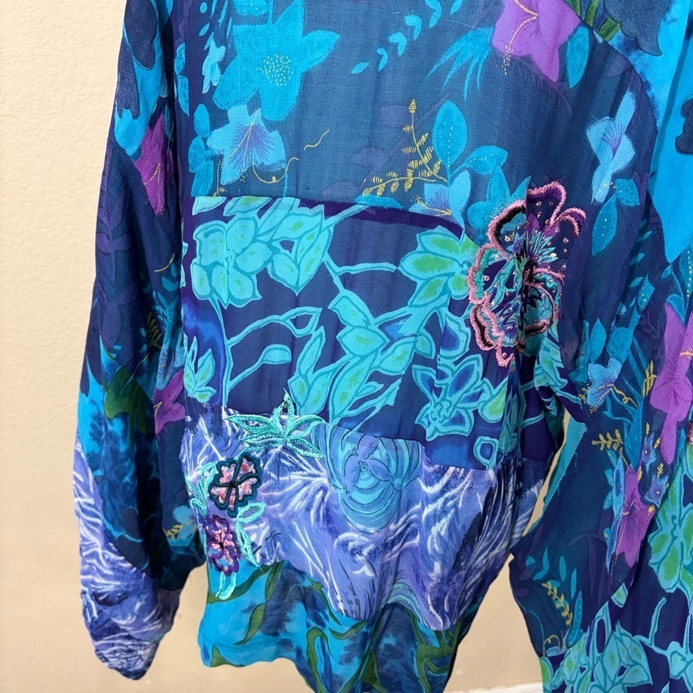 Half Moon Bay Womens Blue Floral Beaded Embroidered Open Kimono Sz L Boho Hippie - Picture 7 of 13
